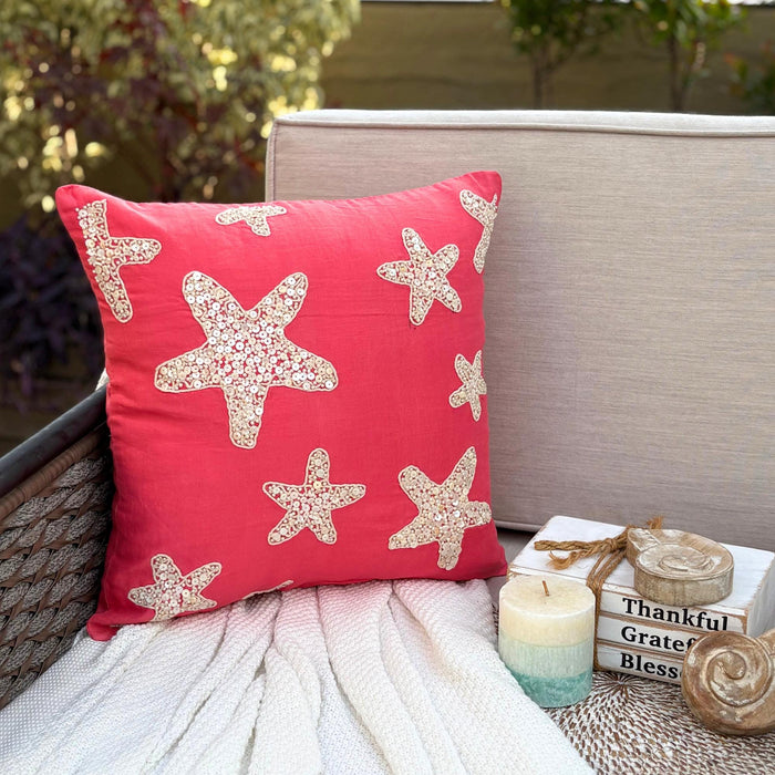 Coral Pink Cotton Linen Throw Pillow Cover - Corallian Star Spirit
