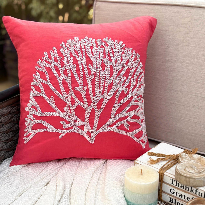 Coral Pink Cotton Linen Throw Pillow Cover  - White Forest