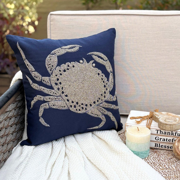 Crab At The Shore - Navy Blue Cotton Linen Decorative Euro Sham