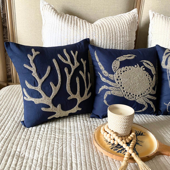 Crab At The Shore - Navy Blue Cotton Linen Decorative Euro Sham