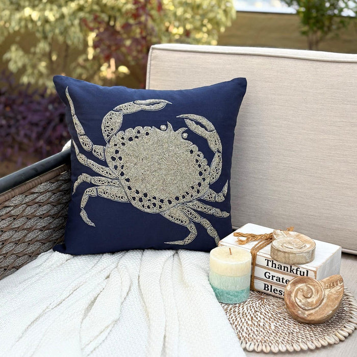 Crab At The Shore - Navy Blue Cotton Linen Decorative Euro Sham