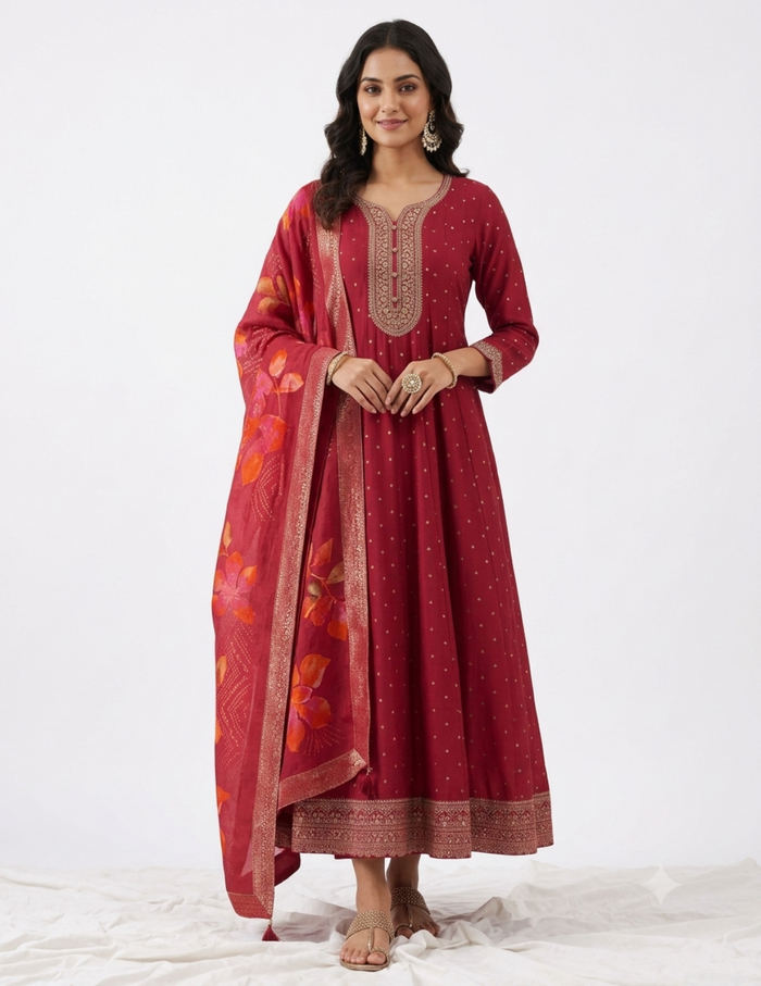 A woman modeling a traditional Indian salwar kameez set in deep red, featuring a dotted fabric kurta with gold embroidery at the neckline, a matching printed dupatta with floral motifs, and flat sandals, set against a plain white studio background.