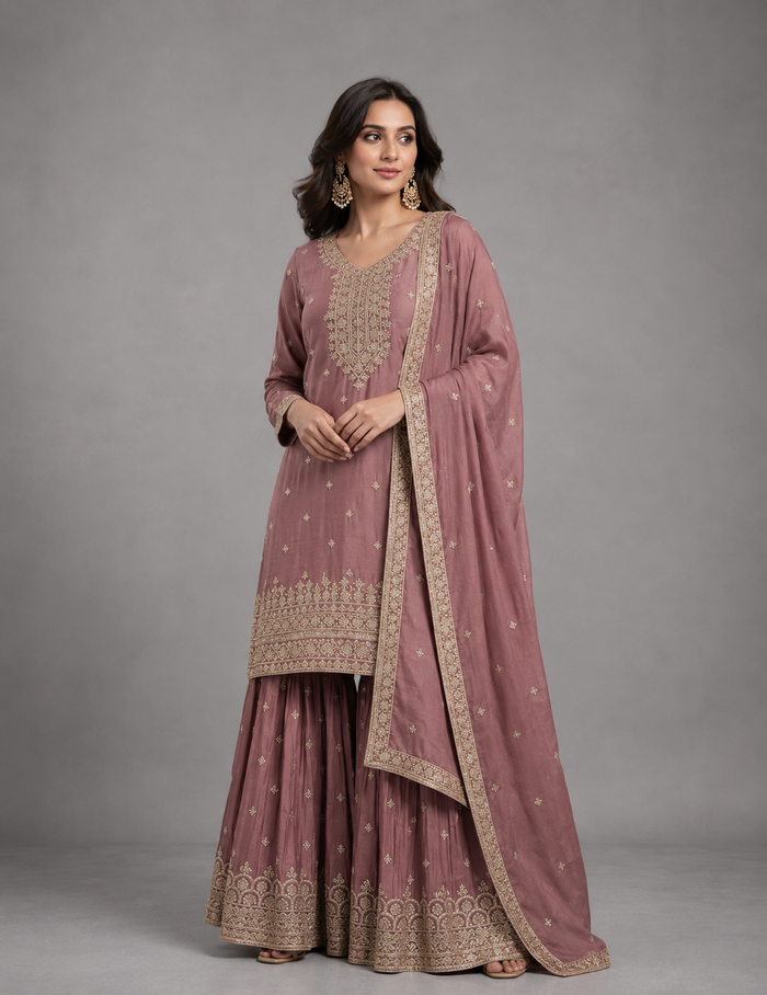 A woman modeling a dusty rose pink traditional Indian outfit with beige embroidery and a matching dupatta, set against a solid gray studio background.