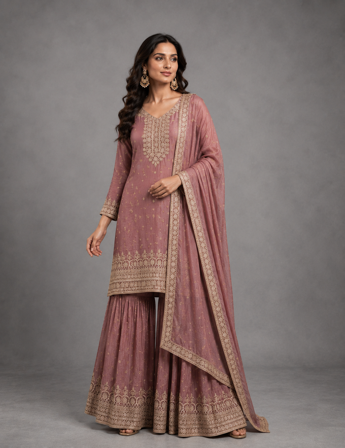 A woman models a traditional Indian salwar kameez suit in dusty rose pink with beige-gold embroidery, featuring a long kurta, flared sharara pants, and a matching dupatta, set against a solid gray studio background.