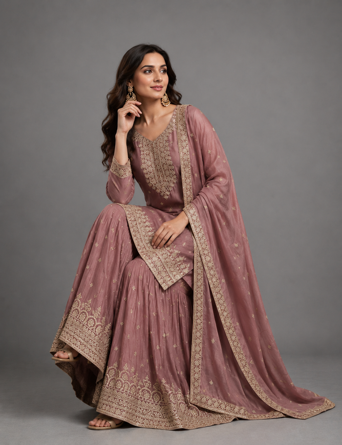 A woman models a traditional Indian salwar kameez outfit in dusty rose with intricate gold embroidery, set against a solid gray studio background.