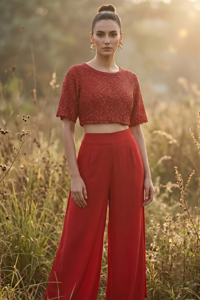 Crimson Luxe Palazzo Ensemble