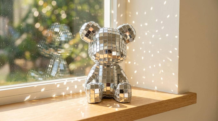 Sparkling mosaic bear figurine on windowsill, reflecting sunlight for cozy home décor