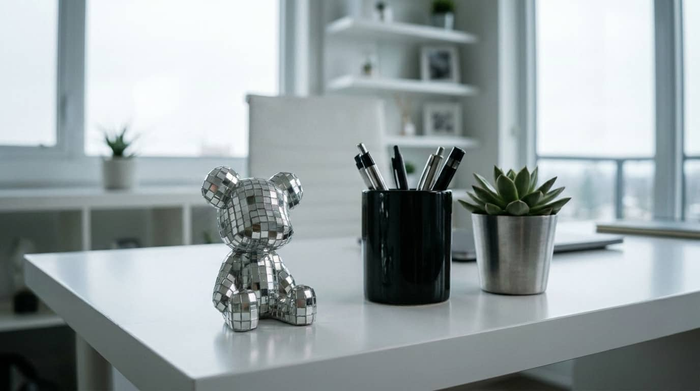 Sparkling mosaic bear figurine on modern desk with succulent and pen holder