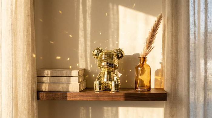Golden mosaic bear figurine on wooden shelf with books and amber vase, warm home décor