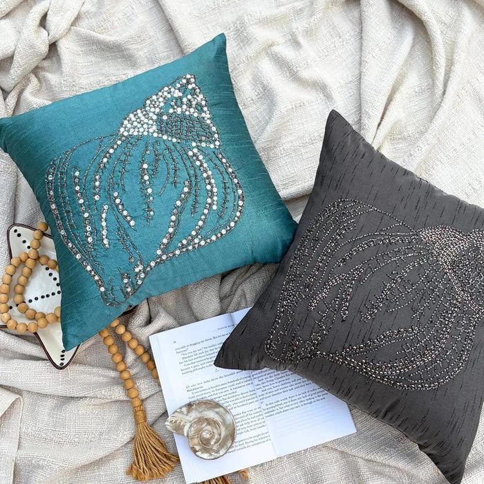 Crystal Sea Shell - Teal Blue Art Silk Decorative Euro Sham