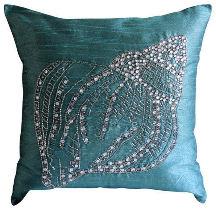 Crystal Sea Shell - Teal Blue Art Silk Decorative Euro Sham