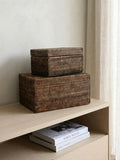 Antique brown rattan storage boxes with lids, handwoven rectangular storage boxes for shelves and home organisation