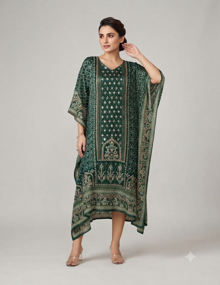 Model wearing a dark green traditional patterned kaftan with mirror work and clear heels.