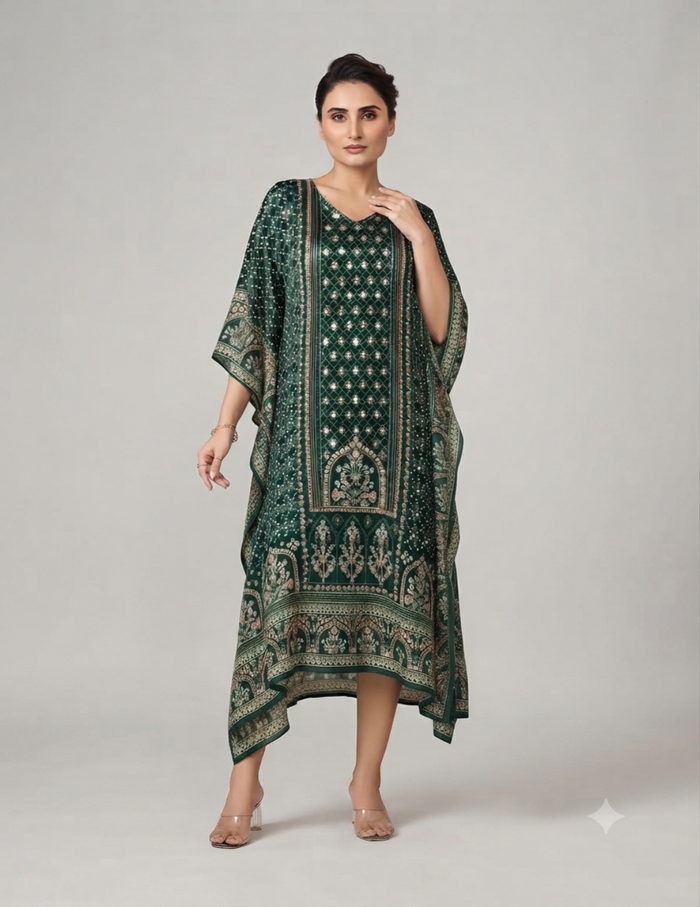 Model wearing a dark green traditional patterned kaftan with mirror work and clear heels.