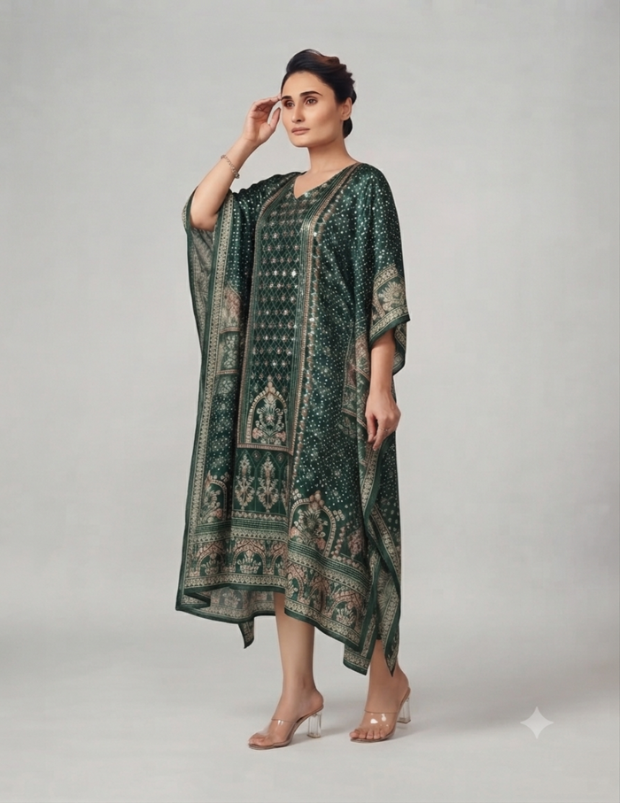 Model wearing a dark green traditional patterned kaftan with mirror work and clear heels.