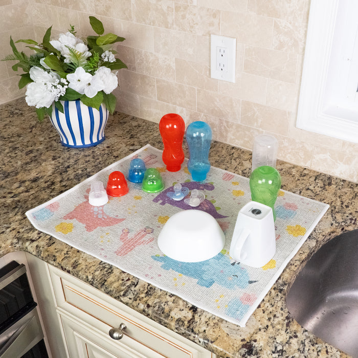 Dino Pattern Large Dish Drying Mat for Kitchen Counter |24 x 18 x 0.25 Inches | Colorful