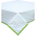 freckled sage dot light blue oilcloth tablecloth with lime green gingham trim