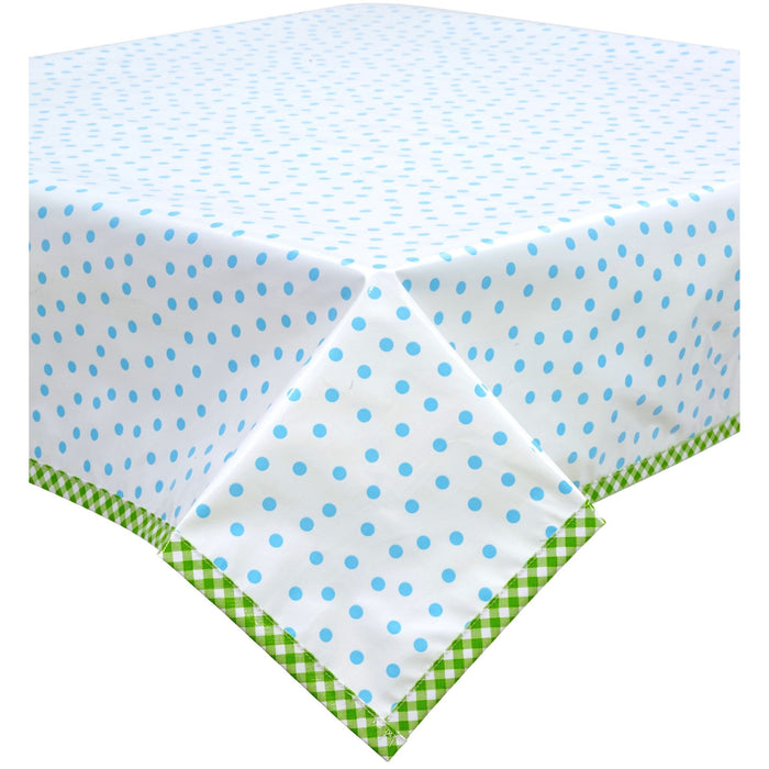 freckled sage dot light blue oilcloth tablecloth with lime green gingham trim