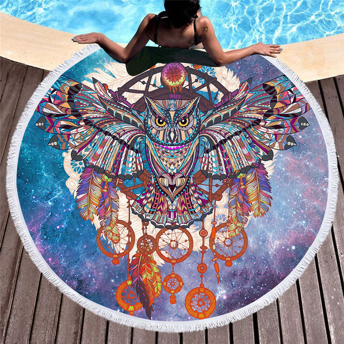 Dream Catcher Owl  Round Beach Towel