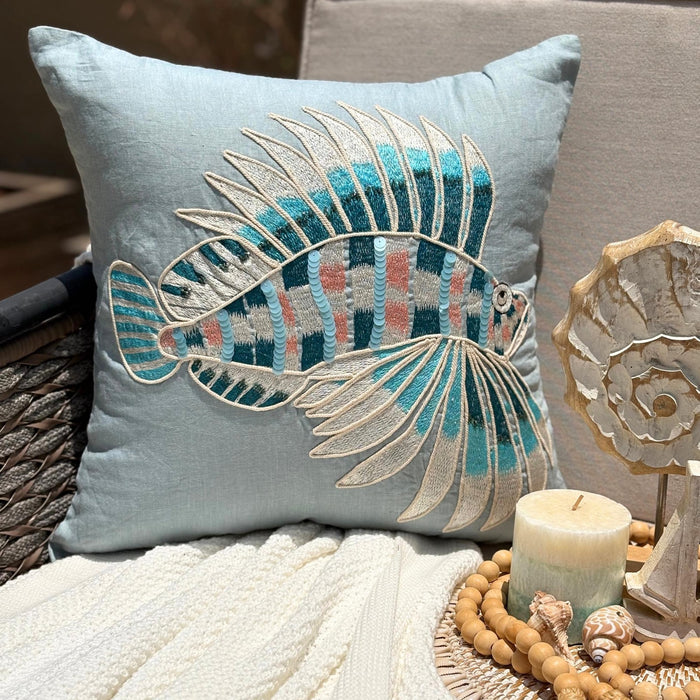 Dull Blue Linen Throw Pillow Cover - Dream Fish
