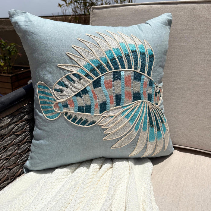 Dull Blue Linen Throw Pillow Cover - Dream Fish