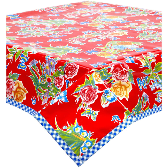 freckled sage edgar's butterfly red oilcloth tablecloth with blue gingham trim