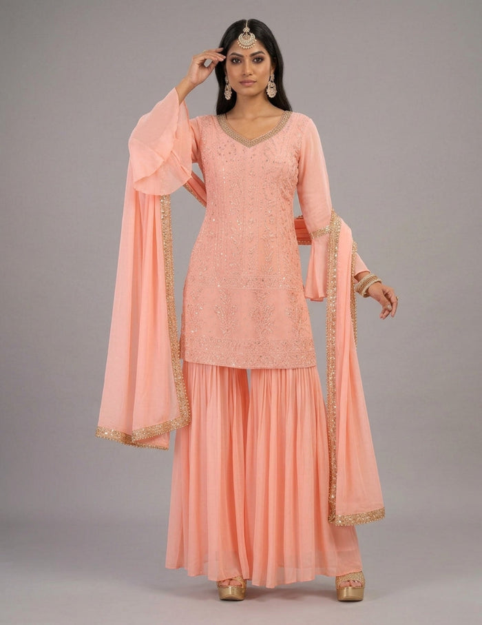 A woman modeling a peach pink traditional Indian salwar kameez suit with gold embroidery and a matching dupatta, set against a solid gray studio background.