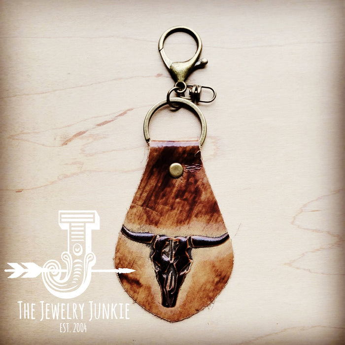 **Embossed Leather Key Chain - Tan Steer Head