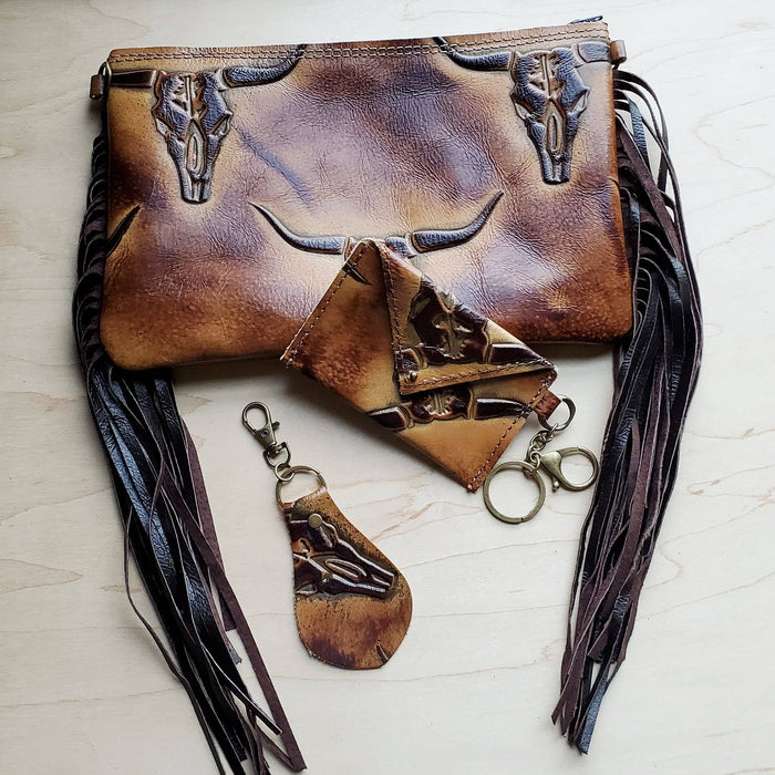 **Embossed Leather Key Chain - Tan Steer Head