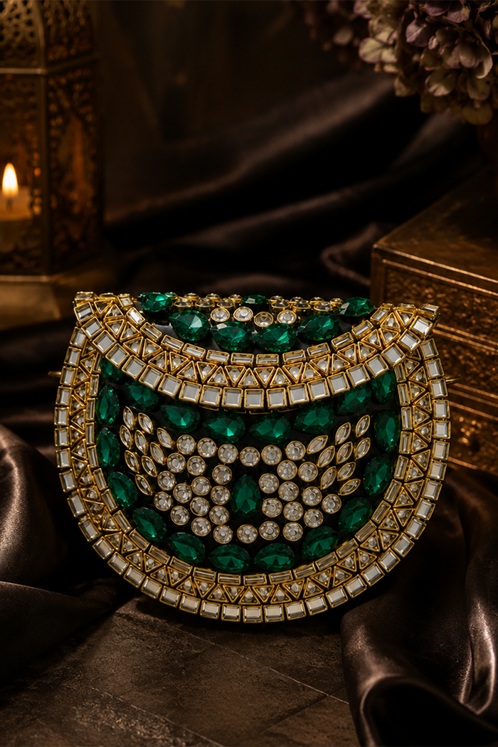 Emerald Luxe Kundan Clutch