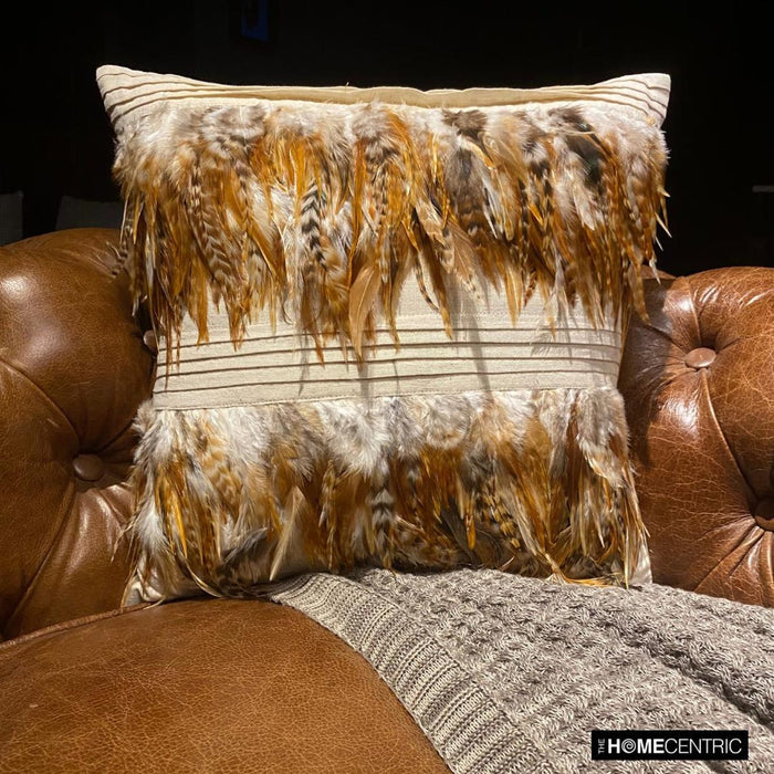 Feathered Pretty - Beige Linen Throw Pillow Cover