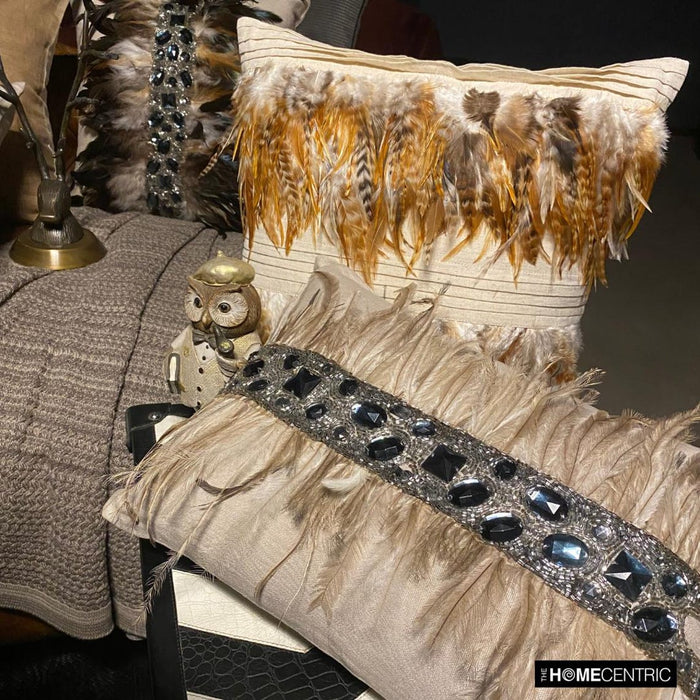Feathered Pretty - Beige Linen Throw Pillow Cover