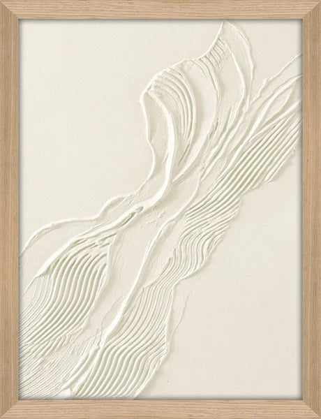 Fita Textured abstract wall art with flowing, ribbon-like patterns in soft neutral tones, framed in natural oak.