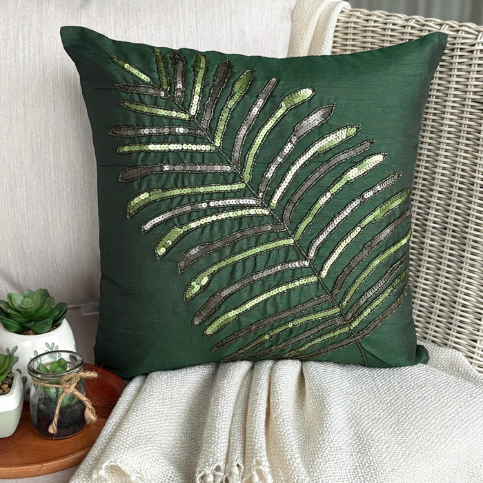 Floating Leaf - Dark Green Art Silk Throw Pillow Cover