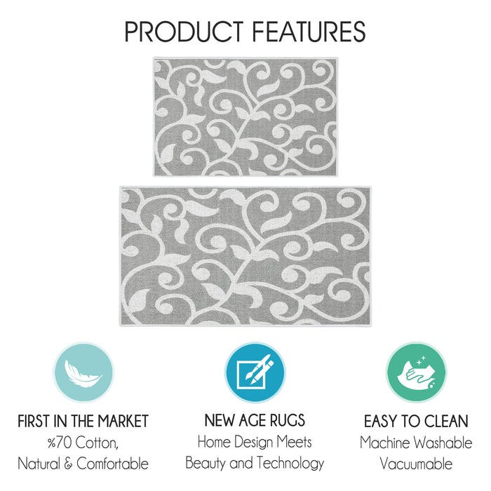 Floral Design Non Skid Washable Kitchen Runner Rugs Set of 2| 44 x 24 and 31.5 x 20 Inches Floor Mats |Gray
