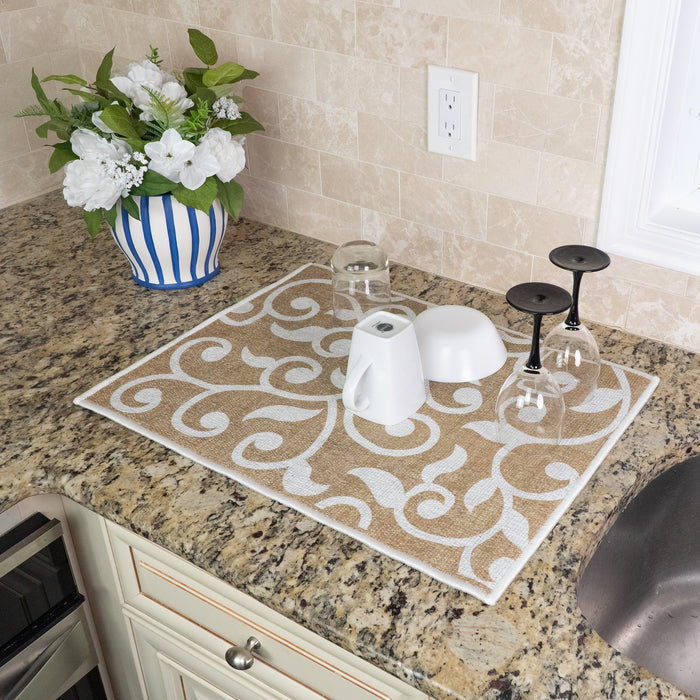 Floral Pattern Large Dish Drying Mat for Kitchen Counter |24 x 18 x 0.25 Inches | Beige