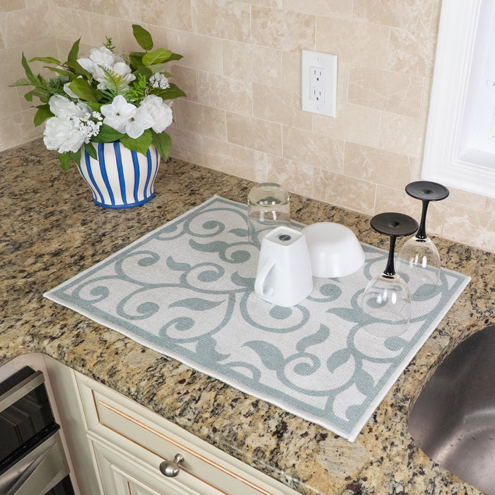 Floral Pattern Large Dish Drying Mat for Kitchen Counter |24 x 18 x 0.25 Inches | Gray & Teal