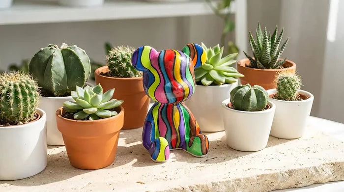 Colorful bear figurine surrounded by potted plants on a light surface