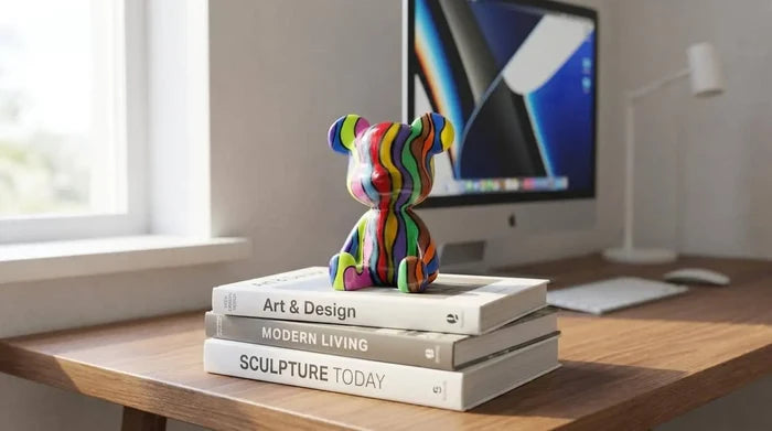 Colorful striped bear sculpture on books in modern home office