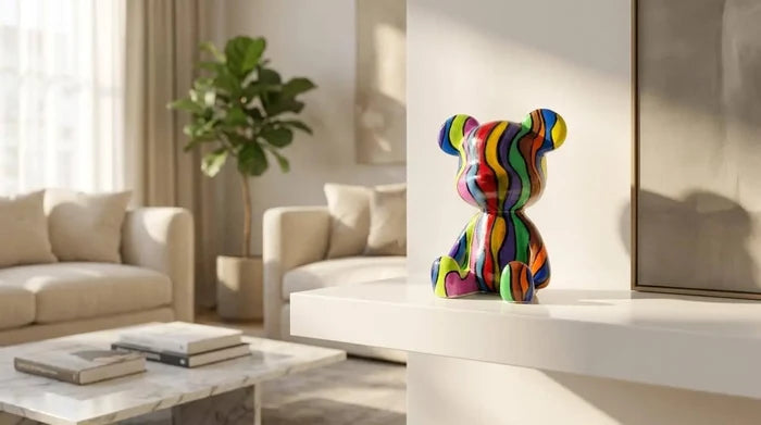 Colorful striped bear figurine on modern white shelf in cozy living room decor