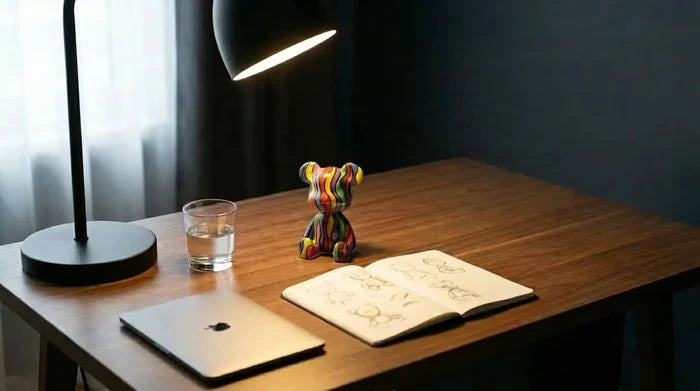Colorful striped bear figurine on wooden desk with sketchbook, laptop, and lamp for cozy home décor