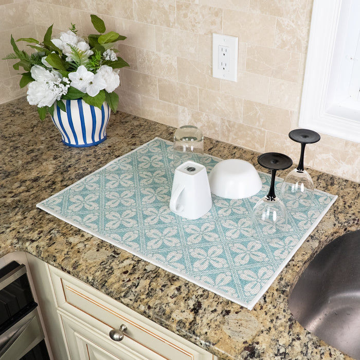 Flower Pattern Large Dish Drying Mat for Kitchen Counter |24 x 18 x 0.25 Inches | Blue