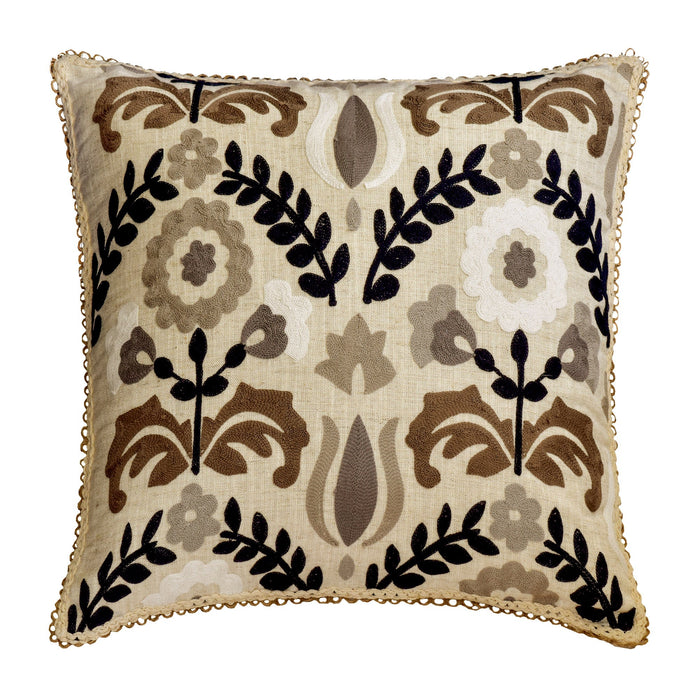 Beige Linen Flowered Throw Pillow Cover Folk Song