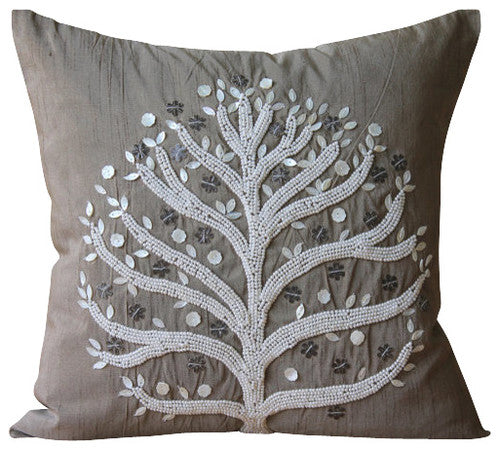 Fortune Tree Brown Silk Throw Pillow Cover