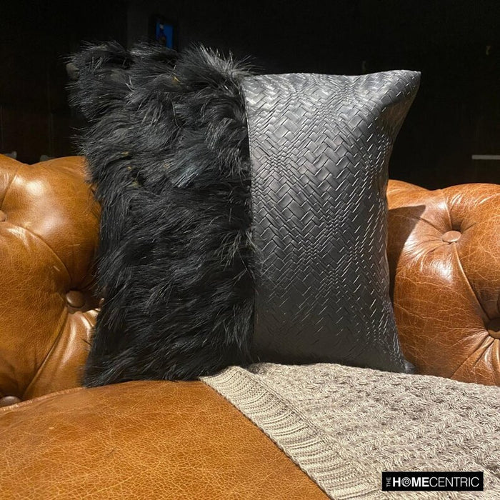 Furry World - Black Faux Leather  &  Fur Decorative Throw Pillow Cover