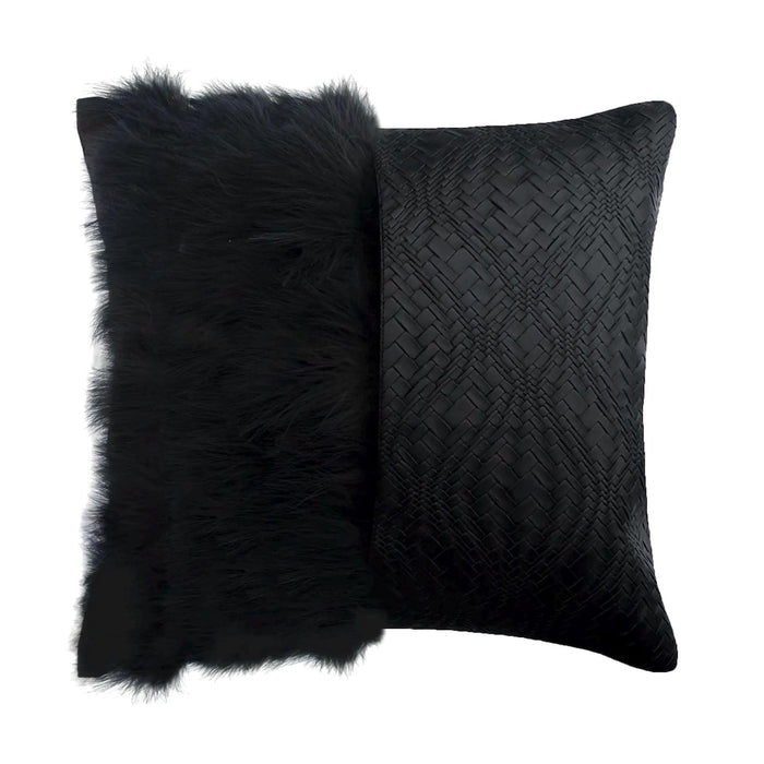 Furry World - Black Faux Leather  &  Fur Decorative Throw Pillow Cover