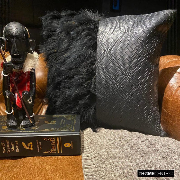Furry World - Black Faux Leather  &  Fur Decorative Throw Pillow Cover