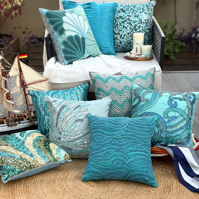 Gentle Waves - Turquoise Blue Art Silk Throw Pillow Cover