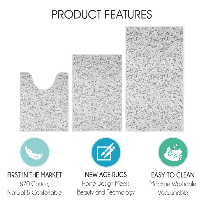 Geometric Design 3 Piece Bathroom Rugs Set |White