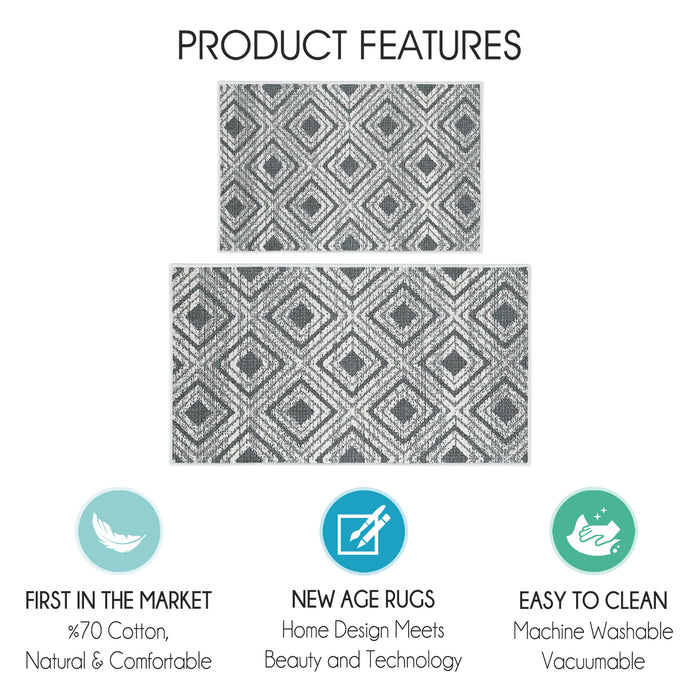 Geometric Design Non Skid Washable Kitchen Runner Rugs Set of 2| 44 x 24 and 31.5 x 20 Inches Floor Mats |Gray